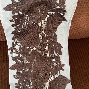 Brown Lace Floral Appliqué on Light Blue Demin Pants